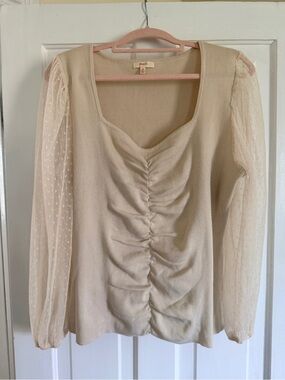 Cream Ruched Front Knit Ribbed Top with Sheer Swiss Dot Balloon Sleeves